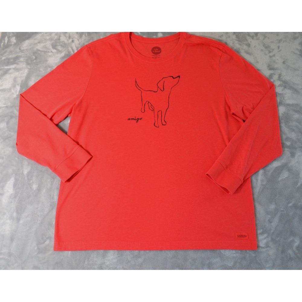 Life is Good Red Crusher Tee Shirt Mens XXL Long Sleeve Dog Outline Amigo